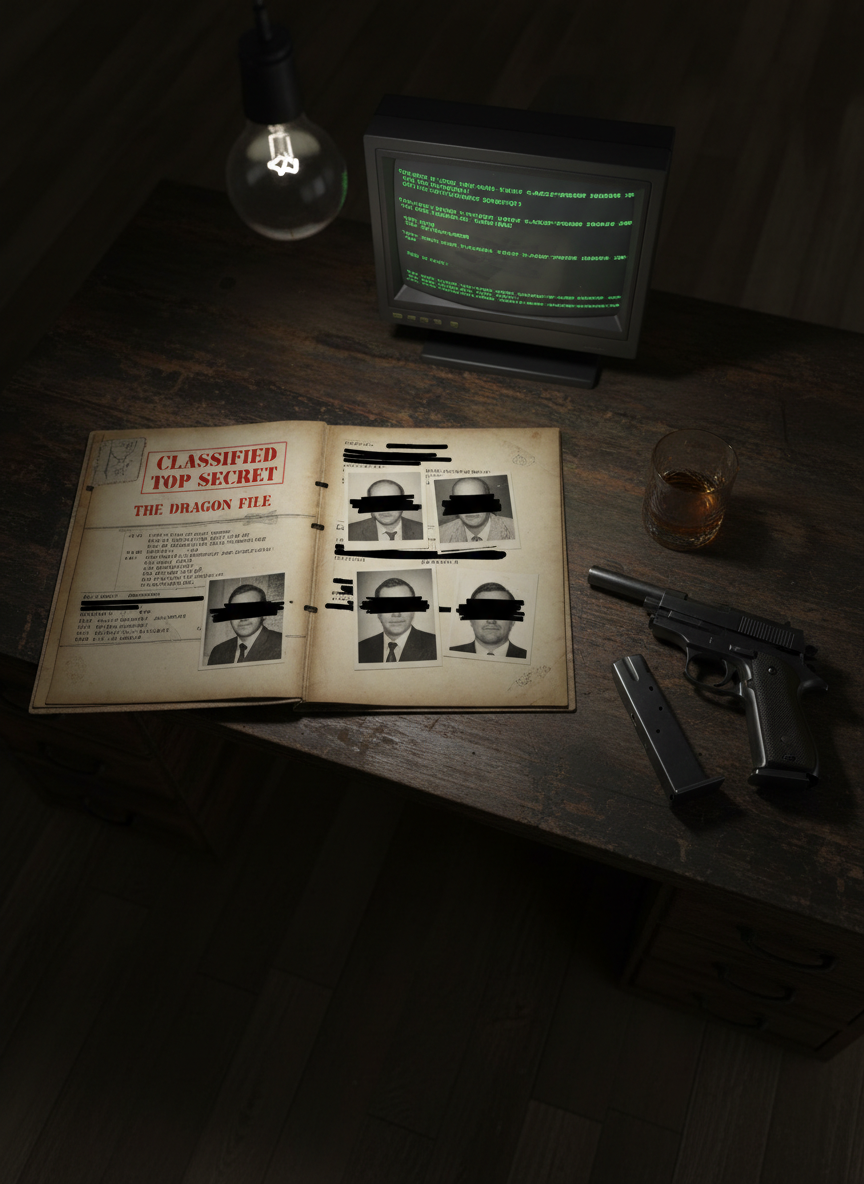 An open, classified dossier labeled “THE DRAGON FILE” rests on a scarred wooden desk, its cream pages filled with redacted paragraphs, cryptic codes, and overlapping surveillance photos with faces obscured by black bars. Beside it, a disassembled silenced pistol, a fingerprint-smeared whiskey tumbler, and a flickering old CRT monitor displaying a green-on-black terminal interface complete the scene. A single bare bulb overhead casts harsh, cinematic top lighting, creating deep pools of shadow that swallow the room’s edges. Shot from an overhead, slightly tilted angle for a sense of unease, with sharp focus on the dossier title. The mood is dark, conspiratorial, and claustrophobic, steeped in Cold War espionage aesthetics updated for a modern thriller.