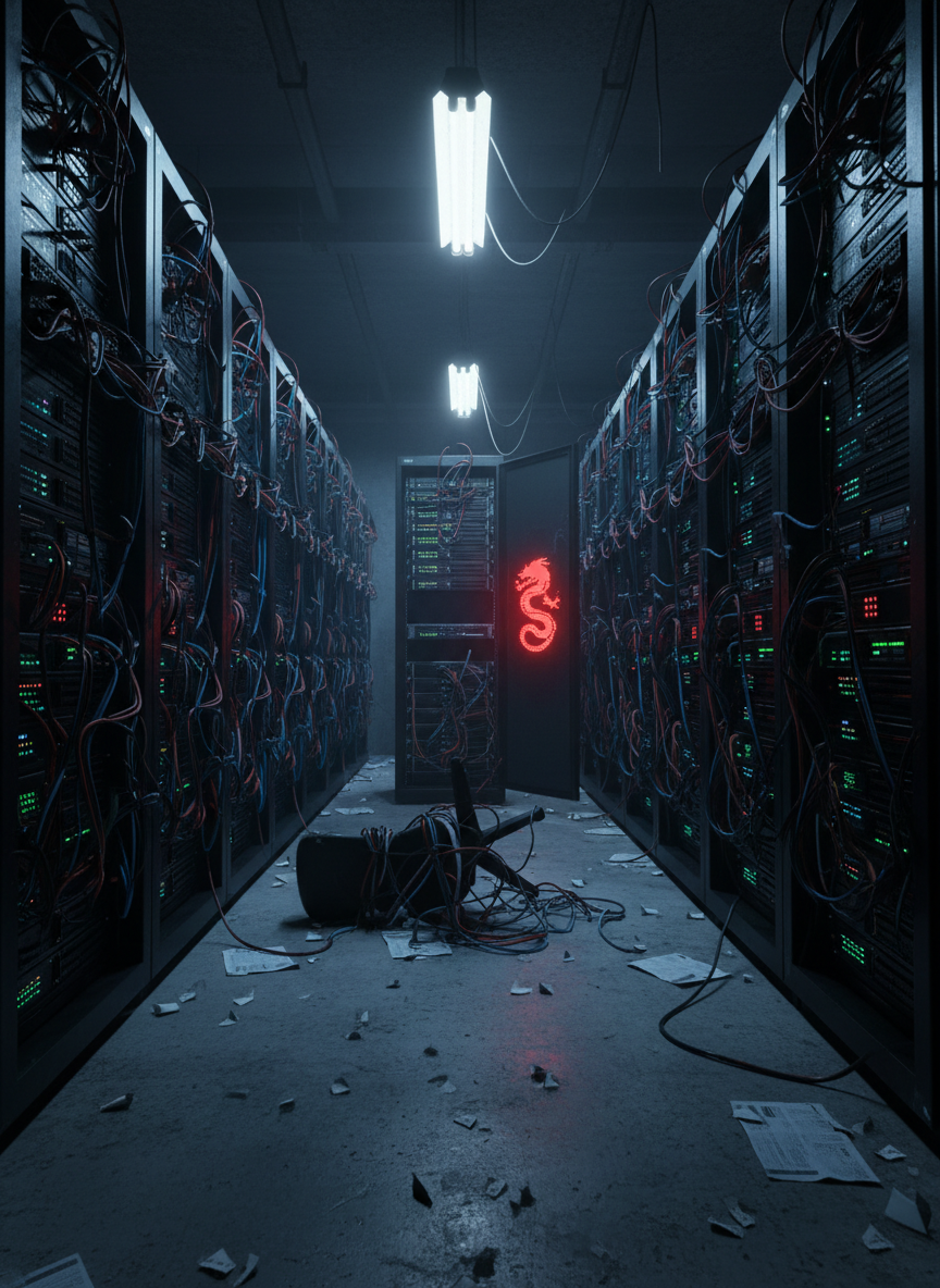 A dimly lit underground server room stretches into darkness, rows of towering black racks bristling with tangled cables and cold metal. At the center, one open rack reveals a single drive bay glowing an ominous dragon-red, its tiny status LEDs forming a subtle dragon-like silhouette. The concrete floor is littered with shredded documents and a toppled chair, hinting at a hasty departure. Overhead, failing fluorescent lights flicker intermittently, while the primary illumination is a stark, cinematic side light that rakes across the servers, carving out dramatic shadows. Shot from a low, tracking-style angle down the aisle, with a long depth of field emphasizing scale and isolation. The mood is threatening, paranoid, and technologically menacing.
