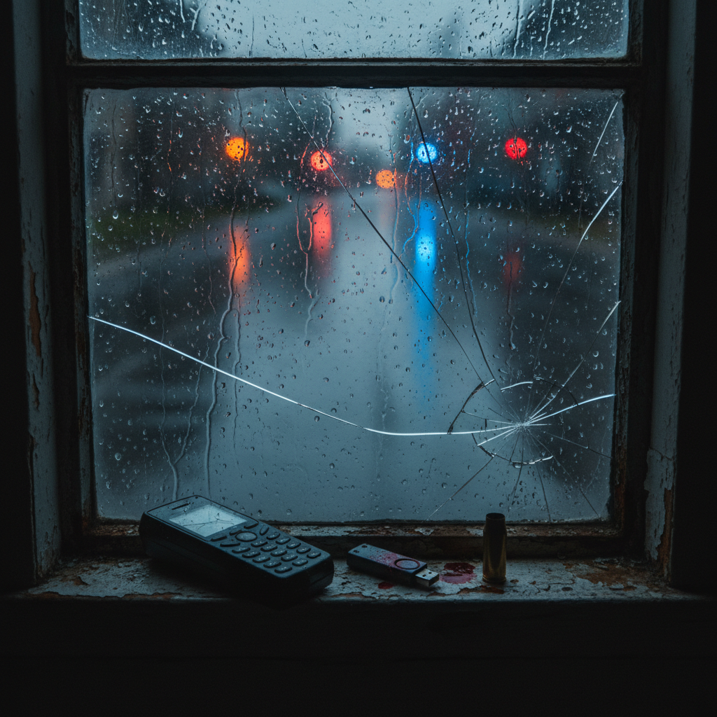 A rain-streaked safe house window dominates the frame, its cracked glass and rusted metal frame lit by the eerie blue wash of distant police lights and passing headlights. On the inner ledge lies an abandoned burner phone, a blood-specked encrypted USB drive, and a single spent shell casing, all rendered in hyper-detailed cinematic realism. Outside, the city is a smeared palette of wet asphalt and ghostly reflections. Dramatic, low-key lighting from a desk lamp behind the viewer creates a subtle rim glow on each object, leaving the rest of the room in blackness. Captured from a tight, eye-level composition, the image feels like the aftermath of violence, heavy with dread and unanswered questions.