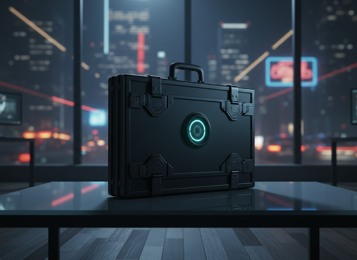 A slim, matte-black encrypted briefcase with intricate locking mechanisms and faintly glowing biometric scanner sits alone on a sleek, glass-topped table in a dark, high-rise office. Beyond the floor-to-ceiling windows, a sprawling city at night burns with blurred neon and distant sirens, rendered in soft bokeh. Cold moonlight and scattered computer monitor glow carve sharp highlights along the briefcase’s edges, casting long, ominous shadows. Shot in cinematic realism from a low, three-quarter angle, the composition draws the eye directly to the briefcase as the forbidden secret. The atmosphere is tense, hushed, and dangerous, evoking a high-stakes spy thriller world without revealing any human presence.